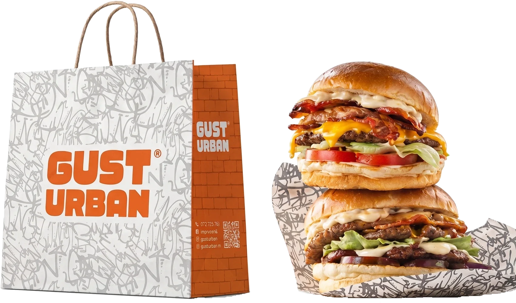 Sacoșa de hârtie Gust Urban și doi double smash burgeri
